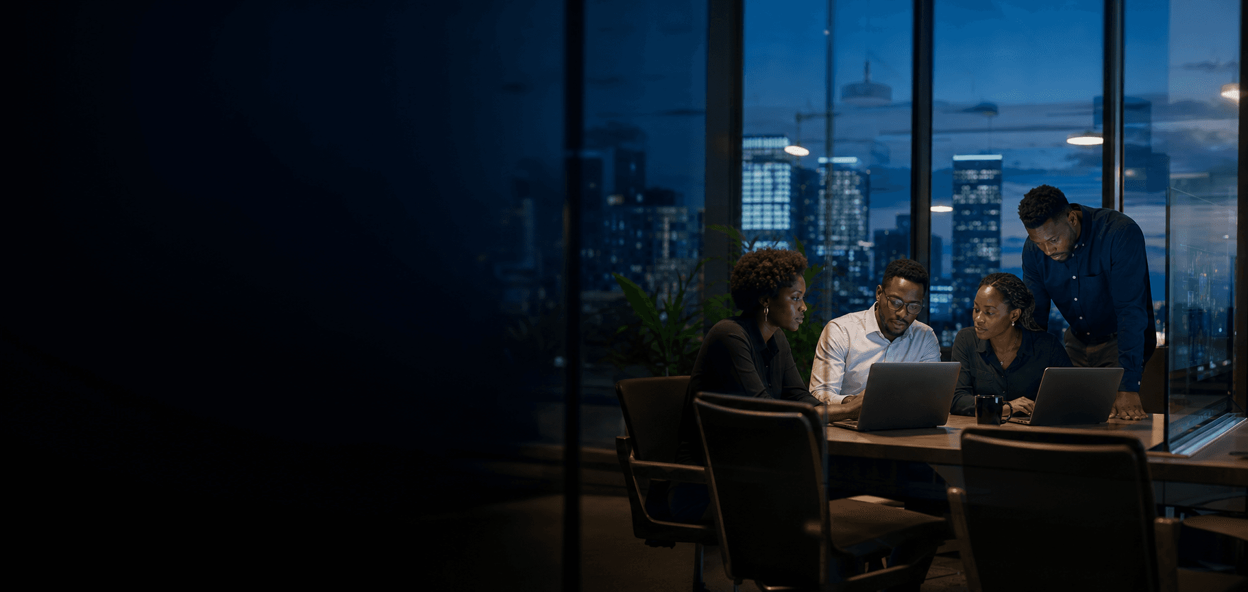 A contemporary African technology team collaborating in a city workspace